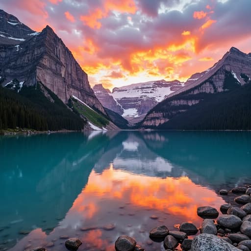 A serene mountain landscape at sunset with vibrant orange and purple skies reflecting on a crystal-clear lake