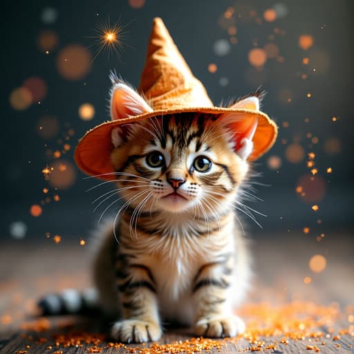 An adorable kitten wearing a tiny wizard hat, surrounded by magical sparkles