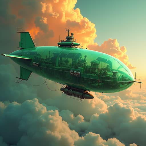 High-contrast digital art. An emerald translucent steampunk airship sailing through clouds, detailed silver machinery. Stormy orange cloud